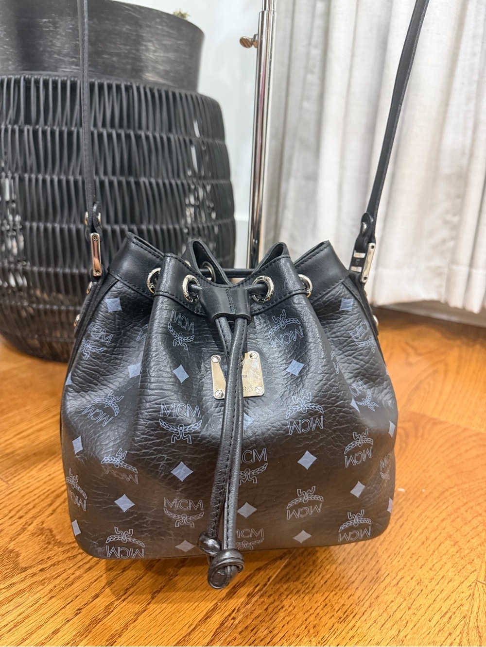 MCM Black Logo Drawstring Mini Bucket Bag